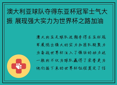 澳大利亚球队夺得东亚杯冠军士气大振 展现强大实力为世界杯之路加油